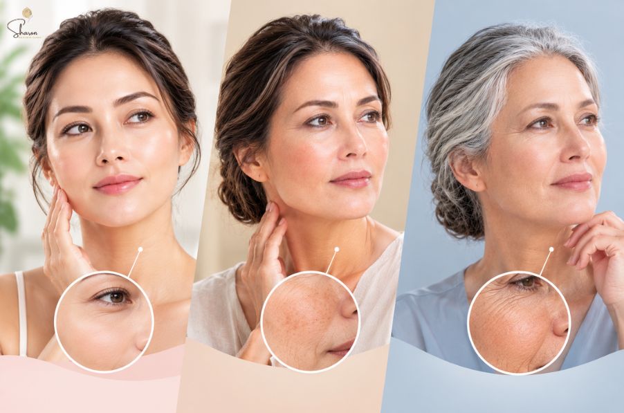 Skin texture, fine lines and pigmentation changes across different age groups.